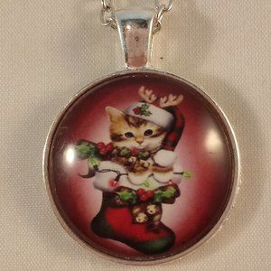 Silver Cat Christmas Stocking Cabochon Pendant Necklace 20" Party Gift